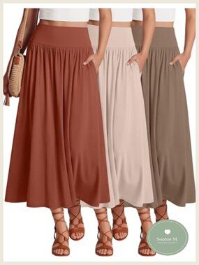 Women's Maxi Long Pleated A-Line Skirt Set 3 Pack with Pockets